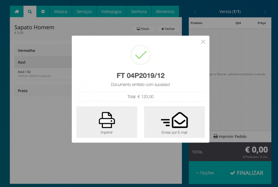 POS - Opções Impressão, E-mail ou Fechar